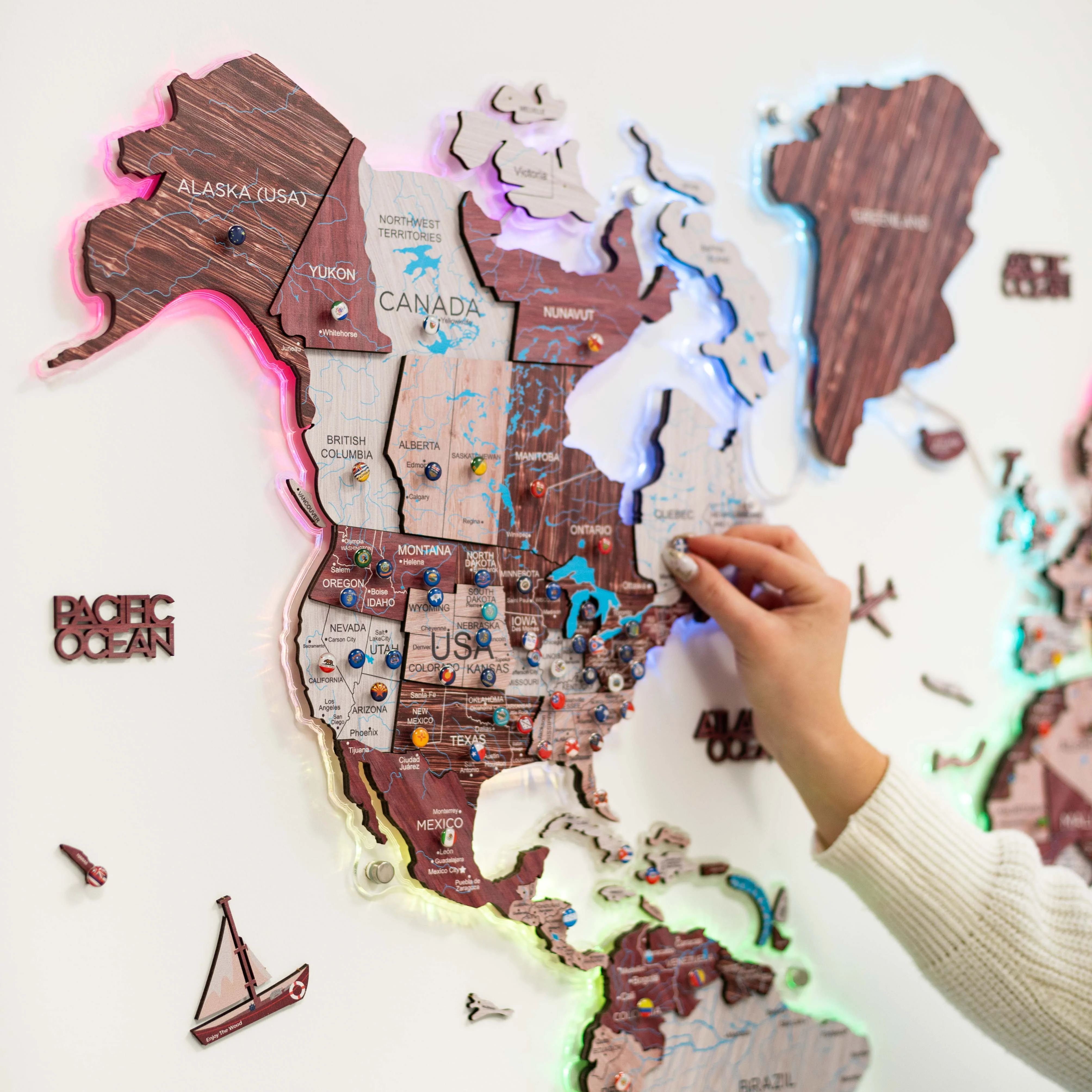 3D LUMINOUS LED Wooden World Map 2.0 Cappuccino - Image 3