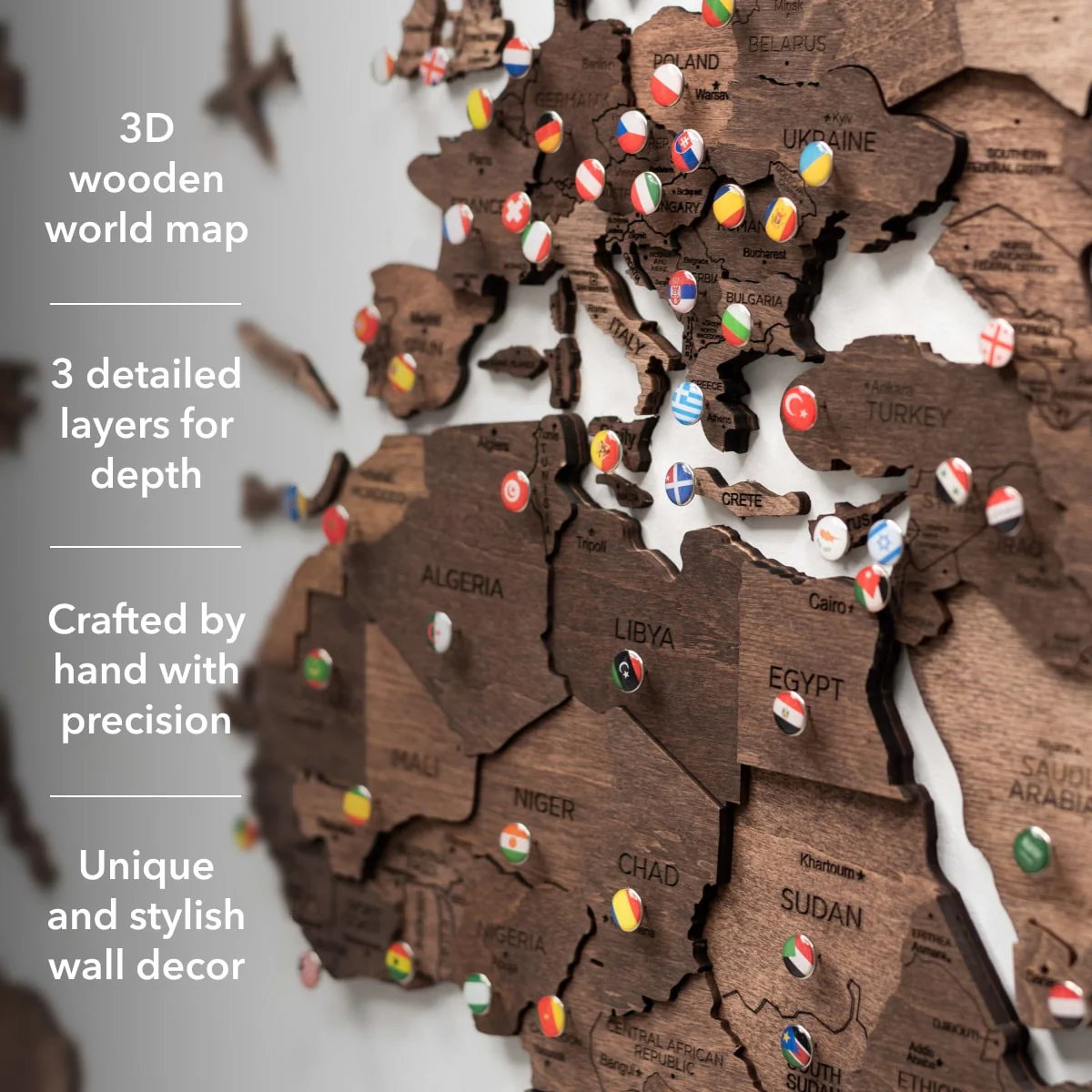 3D Wooden World Map Dark Walnut - Image 13